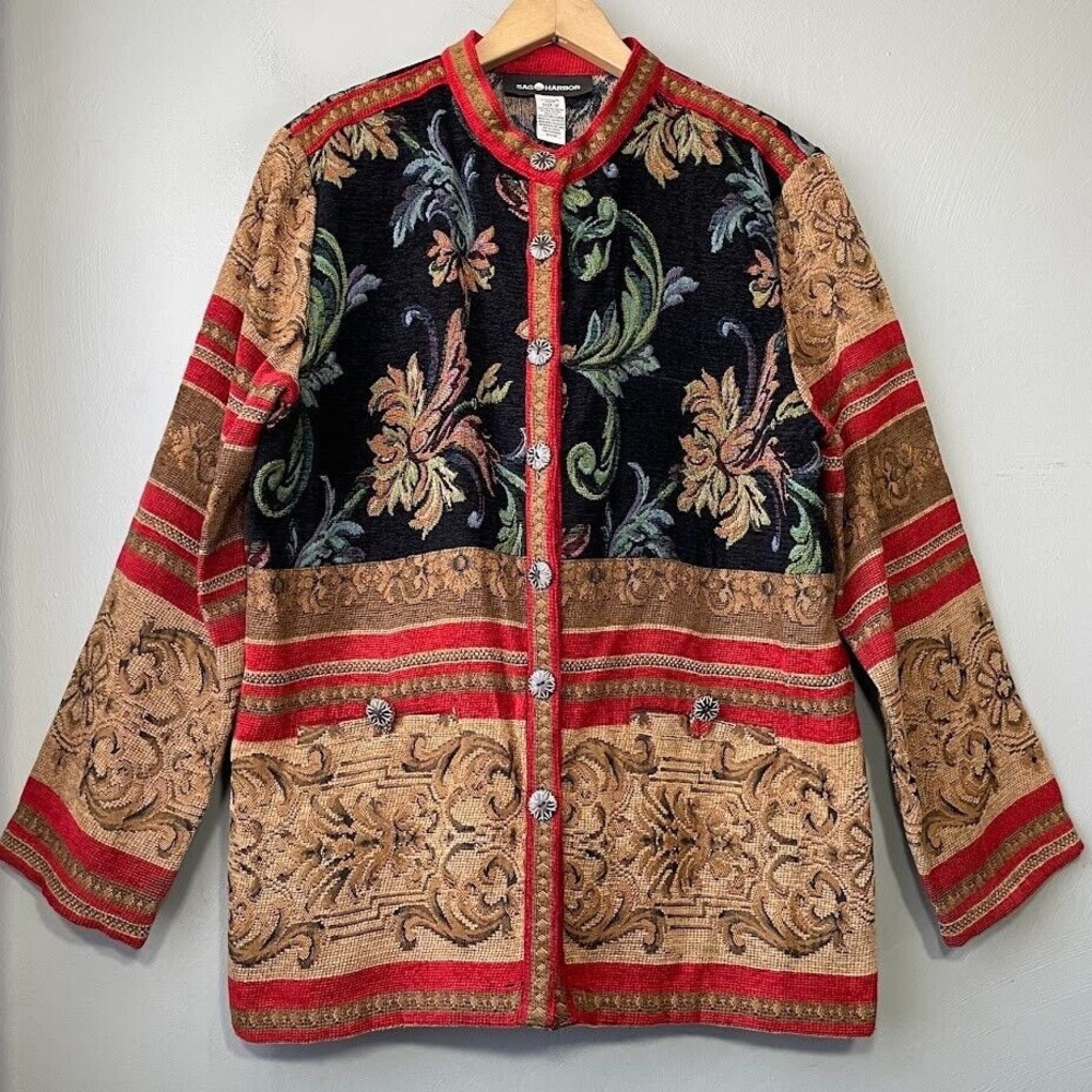 Vintage Sag Harbor Jacquard Tapestry Jacket Shacket Oversized Top Overshirt